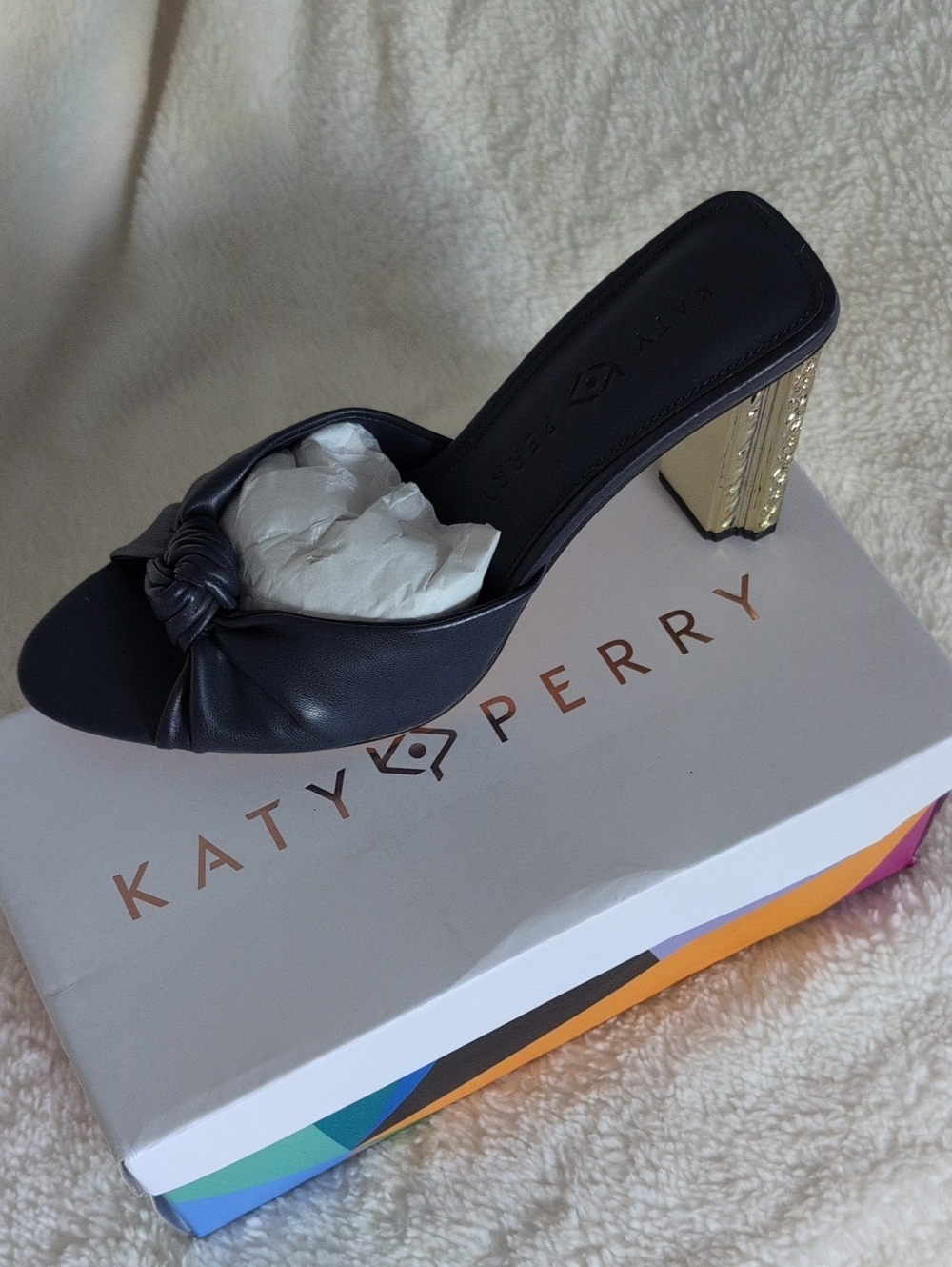 Katy Perry Collections Black Knotted Slide Sandal with Gold Block Heel